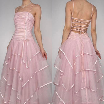 Pink Vintage A Line Spaghetti Straps Layered Tulle Prom Dress Party Dress HZ1023